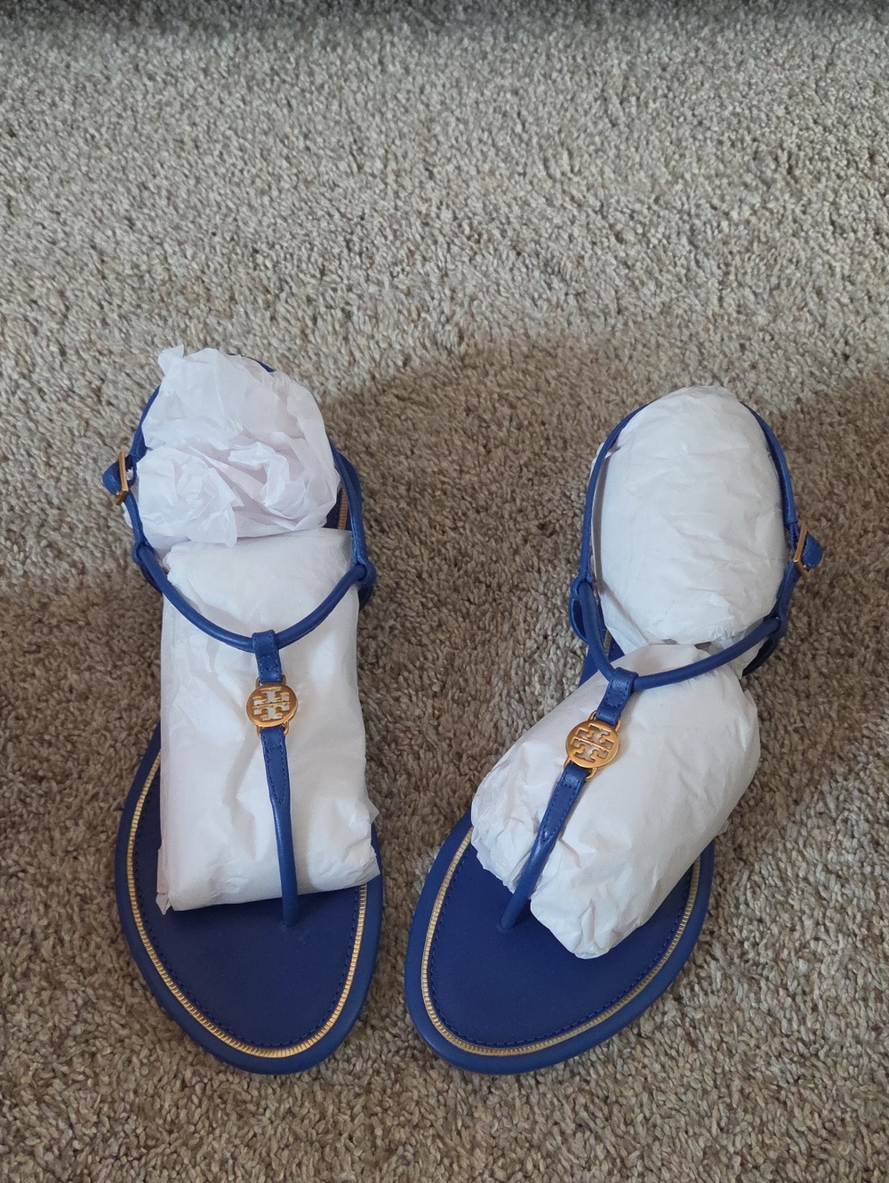 Tory Burch Emmy Flat Nautical Blue T-Strap Sandals with Gold Logo